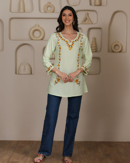 Qazmi Women Kashmiri Aari Embroidered A-Line Viscose Rayon Short Kurti with Full Sleeves