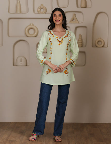 Qazmi Women Kashmiri Aari Embroidered A-Line Viscose Rayon Short Kurti with Full Sleeves