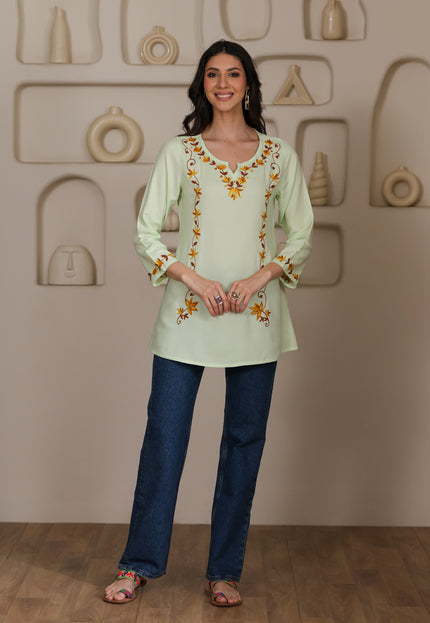 Qazmi Women Kashmiri Aari Embroidered A-Line Viscose Rayon Short Kurti with Full Sleeves