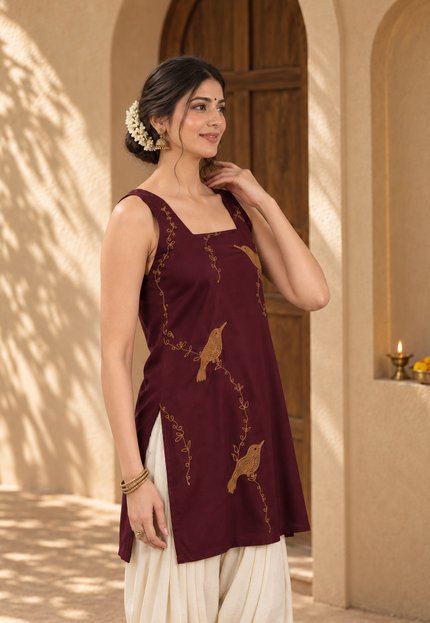 Qazmi Women Embroidered Viscose Rayon Sleeveless Kurti with Square Neck & Tie-Up Back