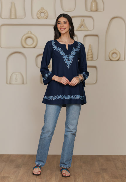 Qazmi Women Kashmiri Aari Embroidered Viscose Rayon A-Line Short Kurti with Bell Sleeves