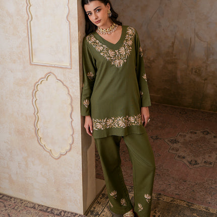 Qazmi Women's Kashmiri Chinarkari Work Olive Green CoOrd Set