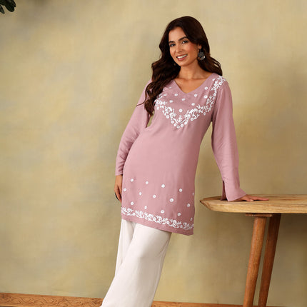 Qazmi Women's Aari Embroidered Viscose Rayon Full Sleeves Straight Kurti