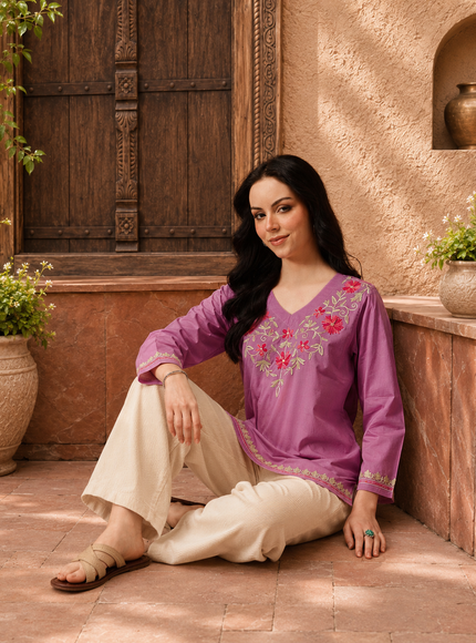 Qazmi Women's Nafisa Kashmiri Aari Work V-Neck Blue Kurti