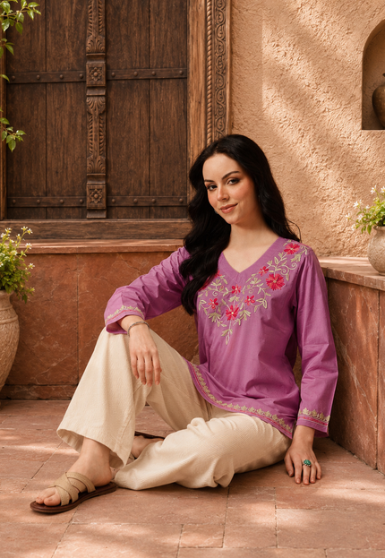 Qazmi Women's Nafisa Kashmiri Aari Work V-Neck Blue Kurti