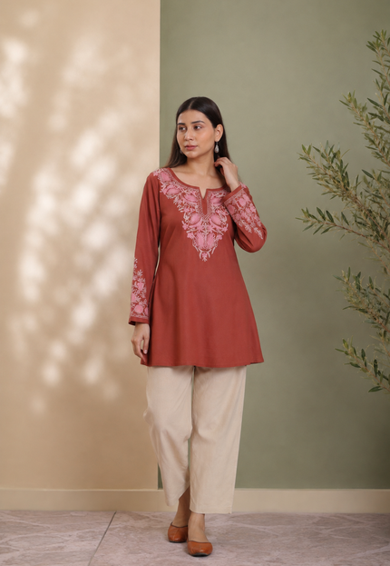Qazmi Women Aari Embroidered Viscose Rayon A-Line Short Kurti with Full Sleeves