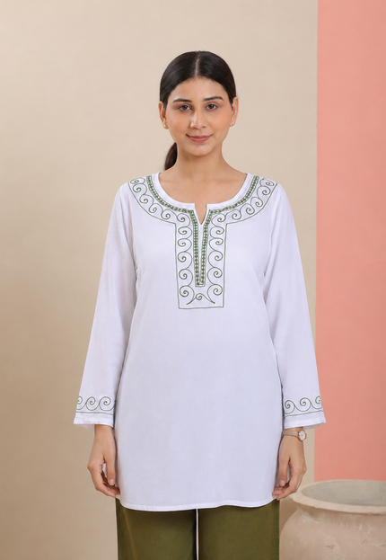 Qazmi Women Aari Embroidered Viscose Rayon A-Line Short Kurti with Full Sleeves