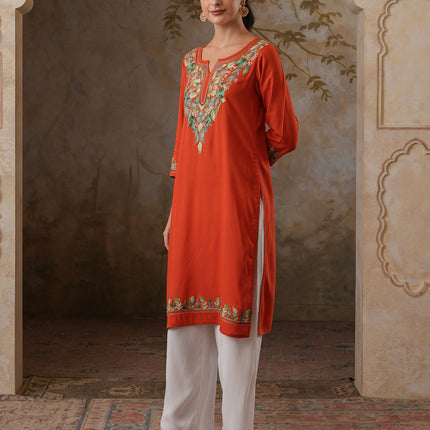 Qazmi Women's Noor Kashmiri Aari Work Straight Kurta