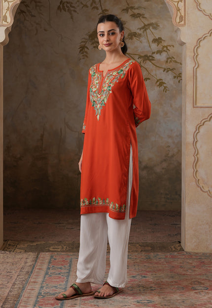 Qazmi Women's Noor Kashmiri Aari Work Straight Kurta