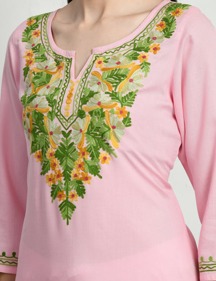 Light Pink Multi Aari Long Kurti For Women