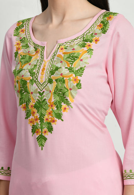 Light Pink Multi Aari Long Kurti For Women