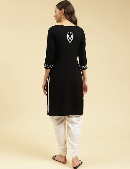 Black Off White Boota Aari Long Kurti For Women