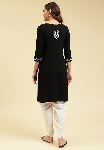 Black Off White Boota Aari Long Kurti For Women
