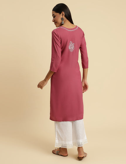 Light Wine Chikan Long Kurti For Women