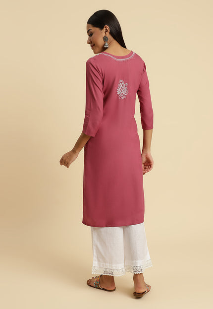 Light Wine Chikan Long Kurti For Women
