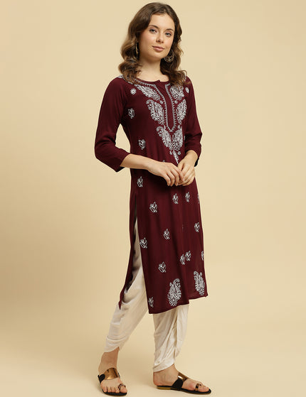 Wine ChikanKari Long Kurti Kurti For Women