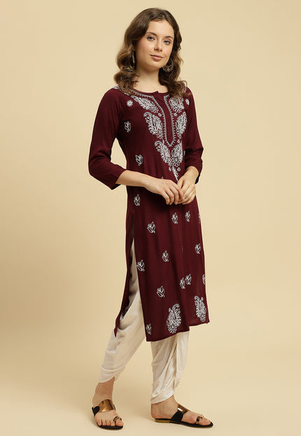 Wine ChikanKari Long Kurti Kurti For Women