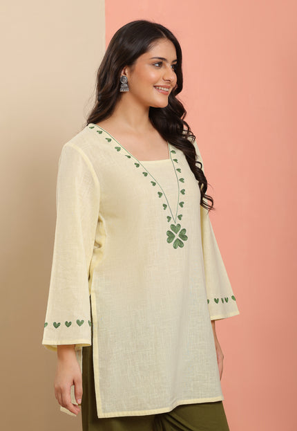 Qazmi Women Pure Cotton Square-Neck Aari  Embroidered Short Kurti
