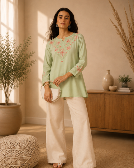 Qazmi Women's Kashmiri A-Line Light Pink Kurti
