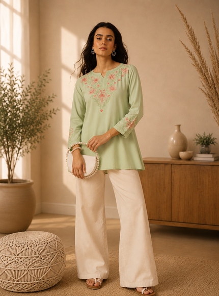 Qazmi Women's Kashmiri A-Line Light Pink Kurti
