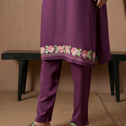 Qazmi Women's Mysa Kashmiri Aari Work Dark Wine Kurta Set