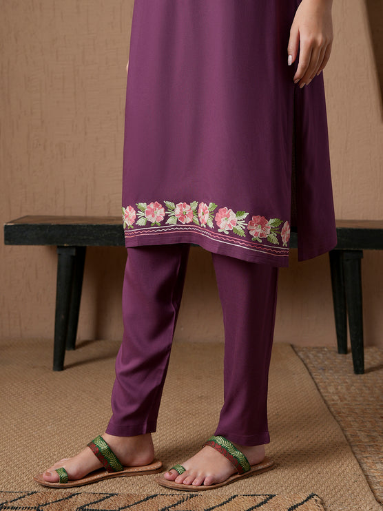 Qazmi Women's Mysa Kashmiri Aari Work Dark Wine Kurta Set