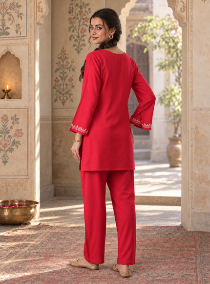 Qazmi Women's Kashmiri Aari Work Red CoOrd Set