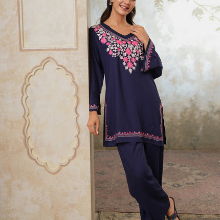Qazmi Women's Kashmiri Aari Work Navy Blue CoOrd Set