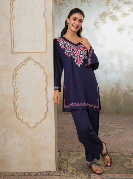 Qazmi Women's Kashmiri Aari Work Navy Blue CoOrd Set