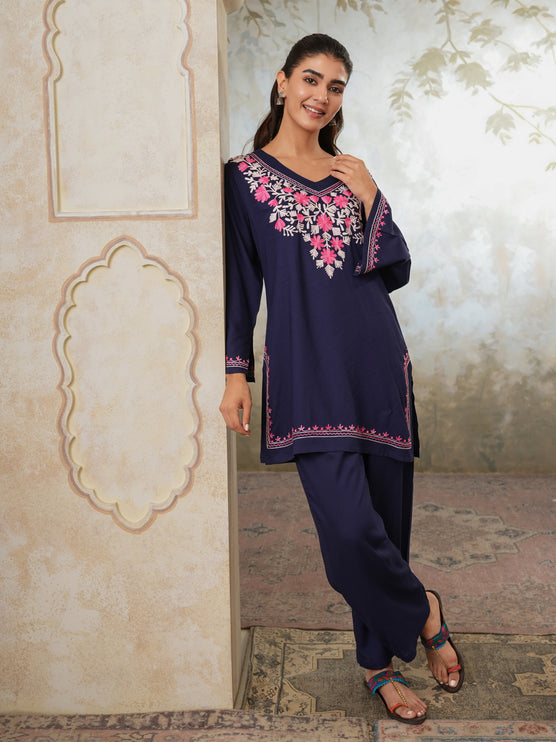 Qazmi Women's Kashmiri Aari Work Navy Blue CoOrd Set