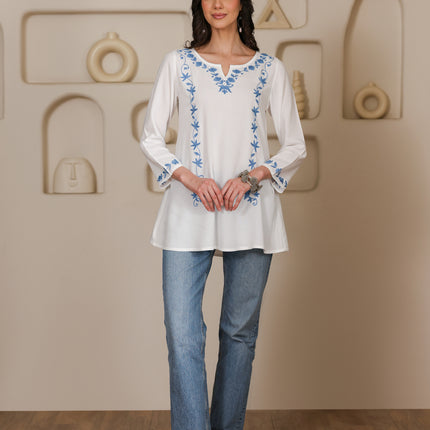 Qazmi Women Kashmiri Aari Embroidered A-Line Viscose Rayon Short Kurti with Full Sleeves