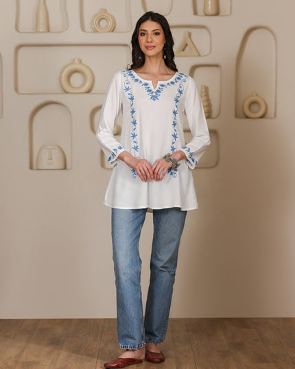 Qazmi Women Kashmiri Aari Embroidered A-Line Viscose Rayon Short Kurti with Full Sleeves
