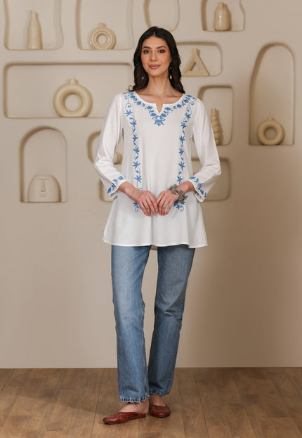 Qazmi Women Kashmiri Aari Embroidered A-Line Viscose Rayon Short Kurti with Full Sleeves