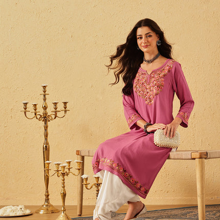 Qazmi Women's Huma Kashmiri Aari Work Keyhole Neck Pink Straight Kurta