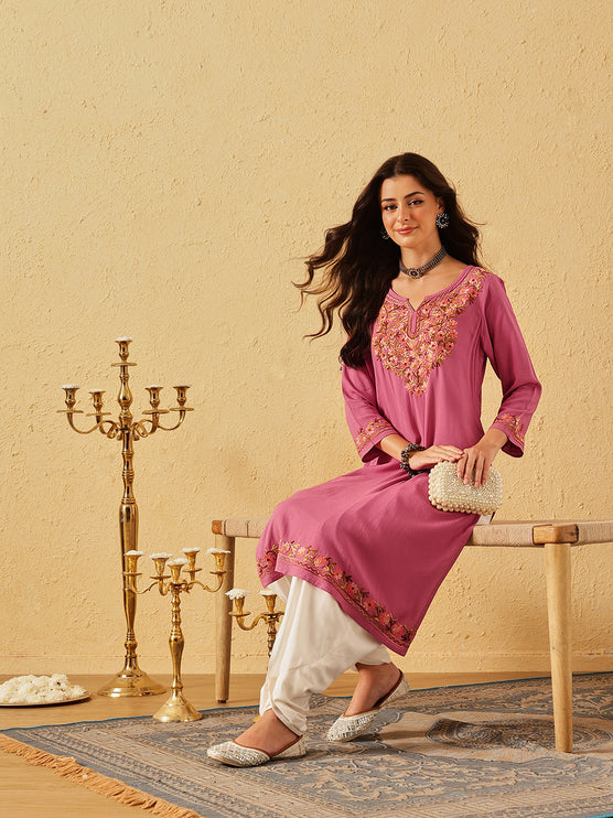 Qazmi Women's Huma Kashmiri Aari Work Keyhole Neck Pink Straight Kurta