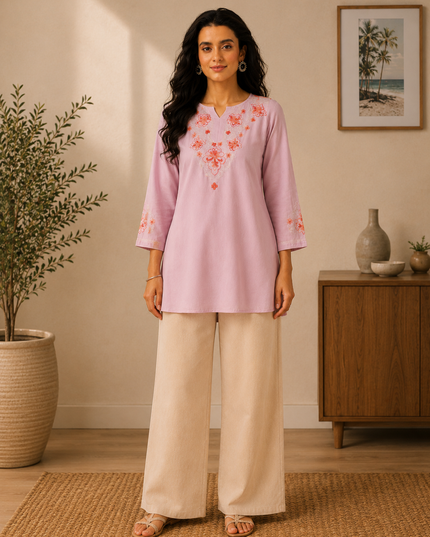 Qazmi Women's Kashmiri A-Line Light Pink Kurti