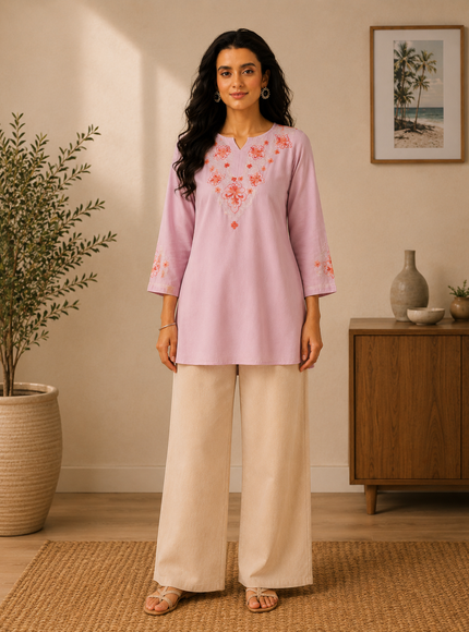 Qazmi Women's Kashmiri A-Line Light Pink Kurti