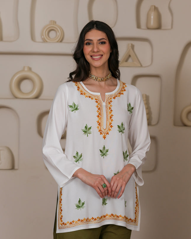 Qazmi Women Kashmiri Aari Embroidered Viscose Rayon Short Kurta