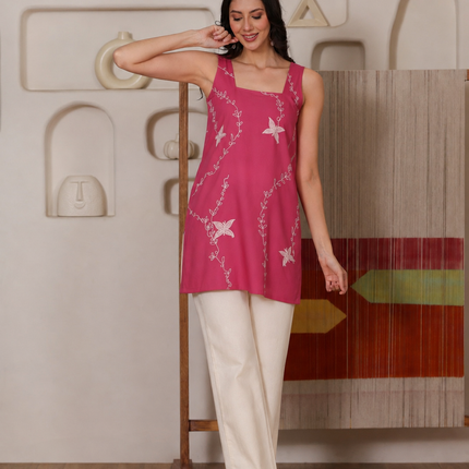 Qazmi Women Embroidered Viscose Rayon Sleeveless Kurti with Square Neck & Tie-Up Back