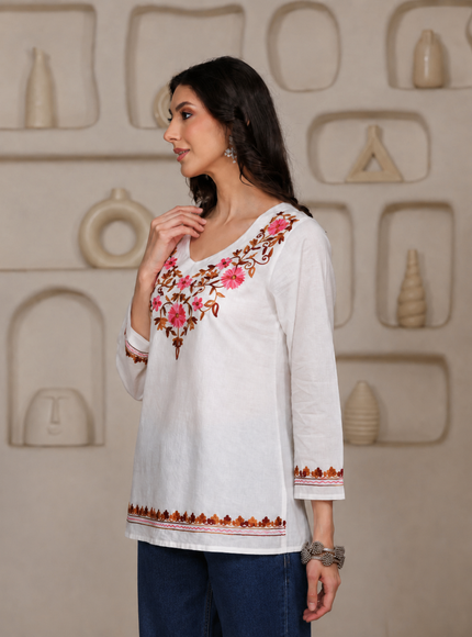 Qazmi Women's Nafisa Kashmiri Aari Work V-Neck Blue Kurti