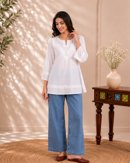 Qazmi Women Kashmiri Aari Embroidered Viscose Rayon A-Line Short Kurti with Bell Sleeves