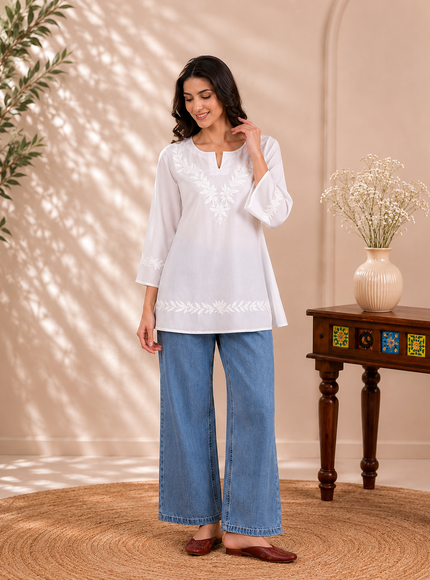 Qazmi Women Kashmiri Aari Embroidered Viscose Rayon A-Line Short Kurti with Bell Sleeves
