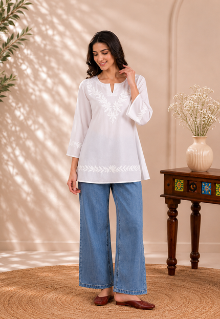 Qazmi Women Kashmiri Aari Embroidered Viscose Rayon A-Line Short Kurti with Bell Sleeves