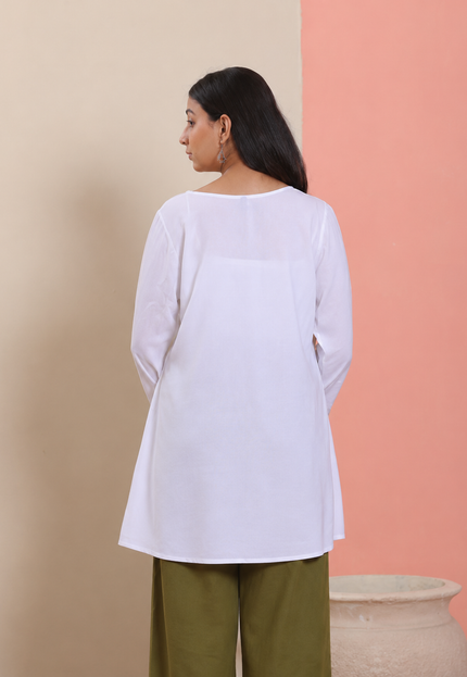 Qazmi Women Aari Embroidered Viscose Rayon A-Line Short Kurti with Full Sleeves