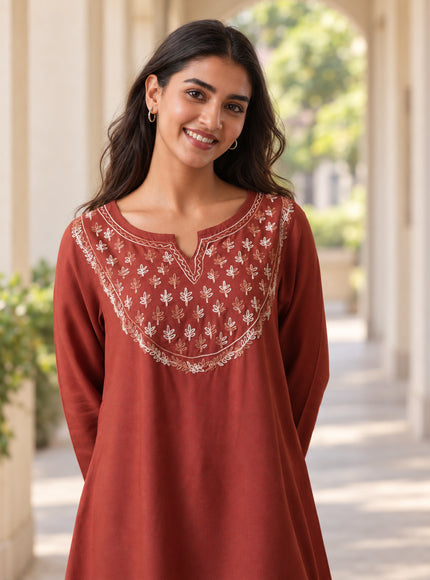 Qazmi Women's Azra Kashmiri A-Line Full Sleeves Viscose Rayon Short Kurti
