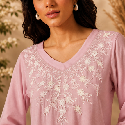 Qazmi Women's Sarah V-Neck Kashmiri Aari Work Full Sleeves Kurti