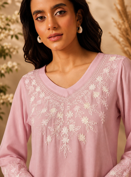 Qazmi Women's Sarah V-Neck Kashmiri Aari Work Full Sleeves Kurti
