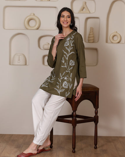 Qazmi Women's Aari Embroidered Pure Cotton Short Kurta