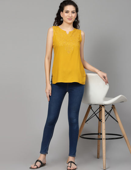 Mustard Self Sleeveless Aari Short Kurti For Women