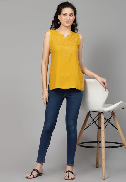 Mustard Self Sleeveless Aari Short Kurti For Women
